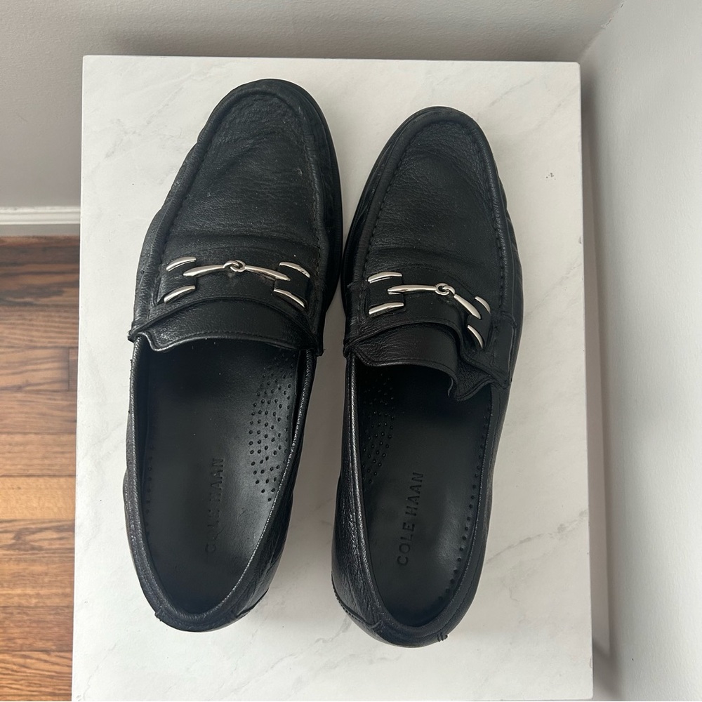Cole Haan Black Leather Slip-On Loafers with Silver Accent